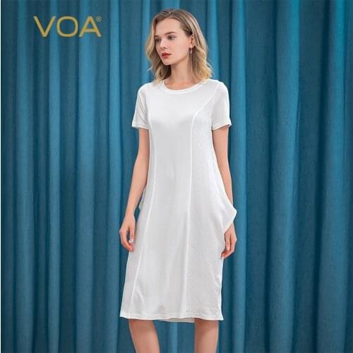 VOA Silk 33m/m Double-Sided Knitted Heavy Round Neck Filler Jacquard Stitching Sheet Design Short-Sleeve Dress AE75 White Dress