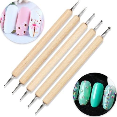 T-TIAO CLUB 5Pcs/Set 5 Sizes Wood Handle Painting Drawing Brush Pen Stick Nail Art Rhinestone Tool Nail Dotting Tools Nail Tool