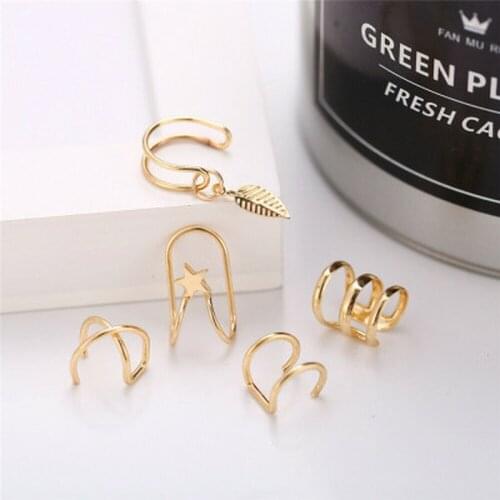 Modyle 5Pcs/Set 2021 Fashion Ear Cuffs Gold Leaf Ear Cuff Clip Earrings for Women Climbers No Piercing Fake Cartilage Earring
