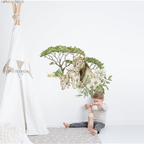 Lovely Lion Faimly Wall Stickers for Kids Rooms Home Decoration Cartoon Animals Tree Flowers Living Room Nursery Vinyl Wallpaper