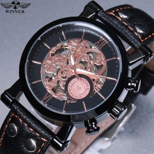 WINNER 2021China Brand Man Watches Fashion Mechanical Automatic Watch Skeleton Rose Gold Dial Silver Case Quality Leather Band
