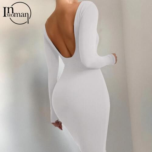 INWOMAN Long Sleeve Sexy Bodycon Maxi Dress Women Backless Pencil Long Dress 2021 Winter Ladies Party White Black Dresses Female