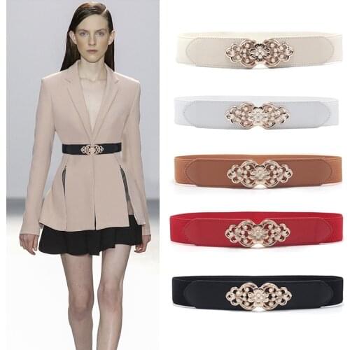 Female Overcoat Wide Waist Fashion Flower Pattern Buckle Belts for Women PU Leather Elastic Waistband
