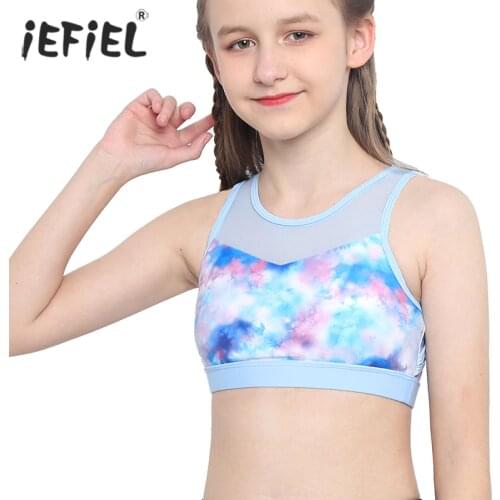 Girls Sports Casual Mesh Spliced Crop Top Kids Tie Dye print Tank Top Gymnastics Yoga Workout Clothes Teens Tanks Bra Tops Vest