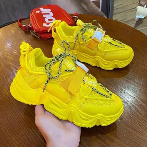 2021 Fashion Yellow Chunky Sneakers Women Cool High Heels Casual Footwear Ladies Pink Black White Flats Shoes For Women Walking