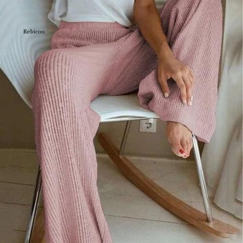 Winter Autumn Knitted Wide Leg Pants Women Korean Solid Pit Long Trousers Elastic Lace Up Pants Plus Size Sweatpants