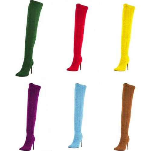 Plus Size 12 Black Green Suede OverThe Knee Boots Womens Pointed Toe 10CM Tight High Shoes Slim Fit Sock Waist Long Boots Winter