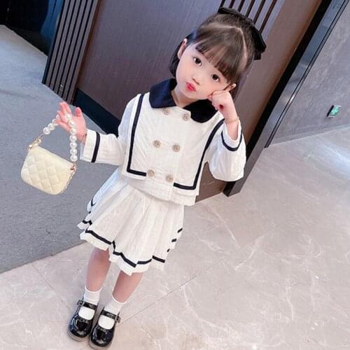 High Quality Girls Princess Skirt Set 2021 New Fashion Double Breasted Turn Down Collar Elegant Cardigan Coat+Pleated Skirt Sets