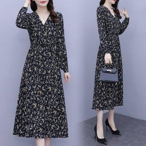 Womens V-Neck Long Sleeve Shirt Dress Fashion Floral Autumn Party Slim Casual Loose Robe Blouses Blusas Dresses For 100KG Woman