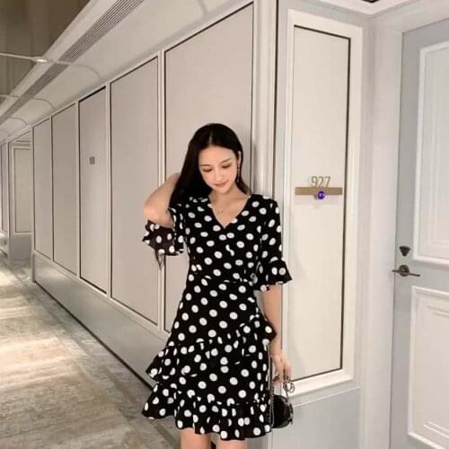 Stylish WomenS Clothing 2021 Summer French Fashion Bellflower Lotus Leaf Red Black Teenagers V-Neck Chiffon Polka Dot Dress