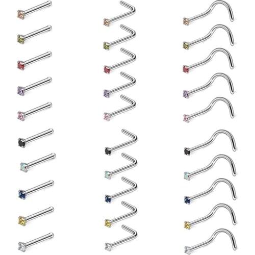 1Piece Stainless Steel Crystal Nose Rings And Stud L Shape 20G Cubic Zirconia Nose Piercing Stud Twist Nose Stud Indian Style