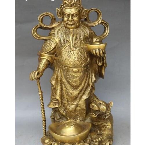 12" China Bronze Dragon Money Wealth Yuanbao God Mammon Ride Tiger Animal Statue