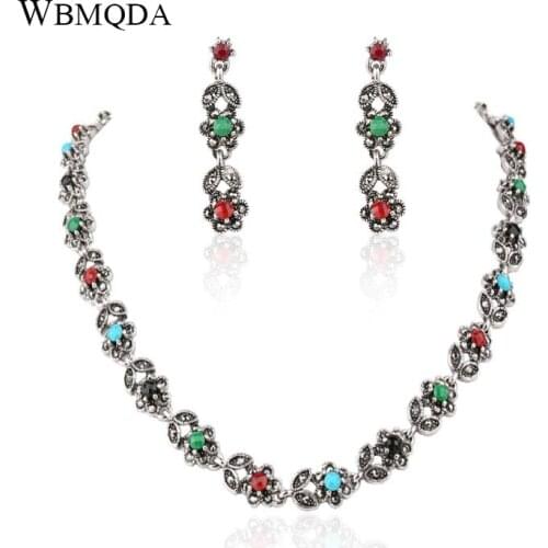 2 Pcs/lot 2018 Fashion Ethnic Tibetan Jewelry Sets Colored Flower Necklace Earrings For Women Vintage Silver Color Accessories