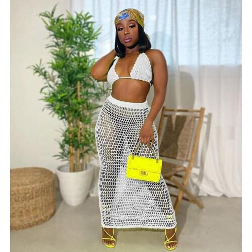 2021 summer crochet Cover up Beach Dress sexy women Hollow out 2PCS/SET Bra Top+maxi skirts bikini swimwear cover-ups beachwear