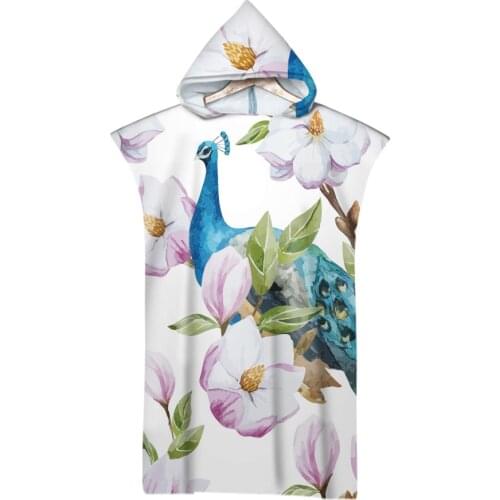2021 New Microfiber Bird Peacock Printed Hooded Beach Towel For Adults Quick Dry Swimming Poncho Bath Towel With Cloak Bathrobe