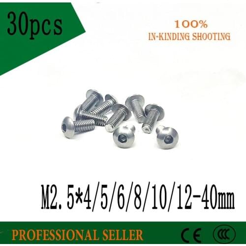 30pcs M2.5*4/5/6/8/10/12-40mm Stainless Steel 304 Round Head Screws Mushroom Hexagon hex Socket Button Head Screw Bolt