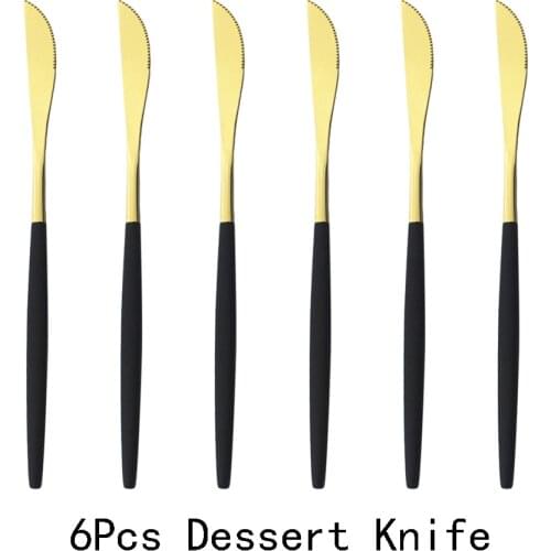 6Pcs Black Gold Dessert Knives Set Fruit Knife Dinnerware Cutlery Mirror Stainless Steel Kitchen Flatware Tableware Silverware