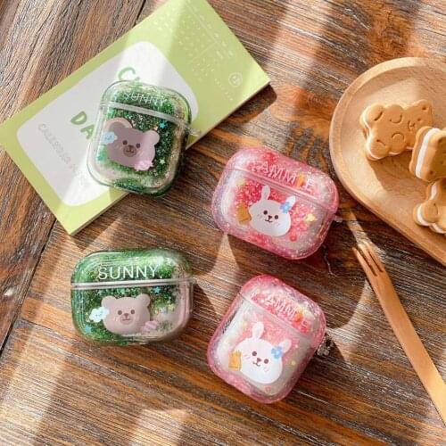 3D Liquid Earphone Case for Apple Airpods Case Glitter luxury hard Cover for Air pods 2 Case Headphone Earpods Cover Bling Strap