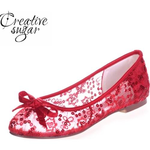 Creativesugar see through lace ballet flats bling sequin summer style beach wedding shoes sky blue hot pink red ivory white gold