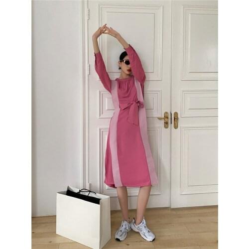 Color Block Dress Spring Autumn Women O-Neck Long Sleeve Sashes Midi Casual Dress With Slit Korean Style