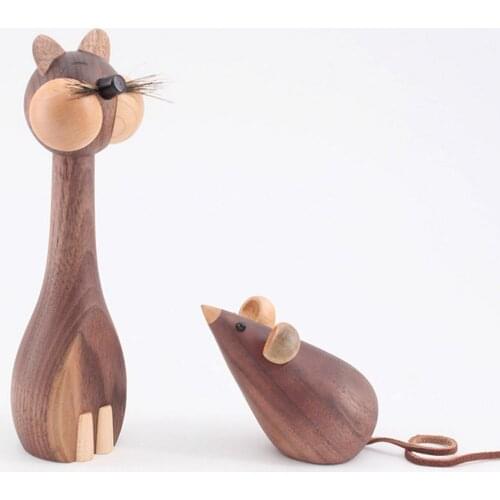 Cat and mouse wood puppet hand craft figure desktop ornament carving model creative home decoration