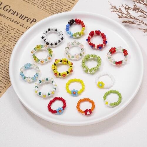 Fashion Trendy Korean Handmade Multi-color Small Beads Ring for Women Girl Jewelry Stretch Weave Style Stacked Party Rings