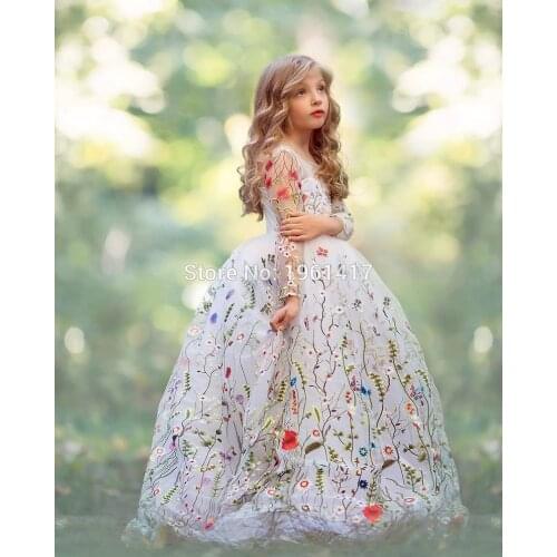 Elegant Black/White Flower Girl Dresses For Weddings Lace Ball Gown First Communion Dresses For Girls Long Flower Dress