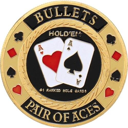 Metal Poker Chip Guard Card Protector Coin Pair Of Aces Gold Plated With Round Plastic Case Metal Craft Poker Chips Poker Game