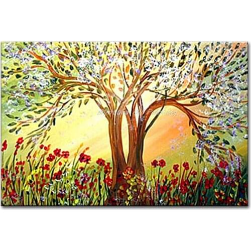 Mintura Hand Painted Lavender Flowers Blooming Tree High Q. Abstract Picture Oil Painting On Canva Home decor Wall Art No Framed