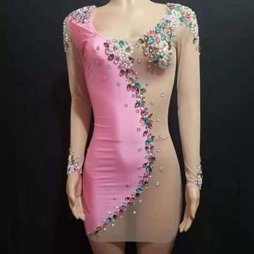Fashion Pink Patchwork Mesh Perspective Party Dress V Neck Stretch Pearls Rhinestone Dress Women Sexy Nightclub Bodycon Dress