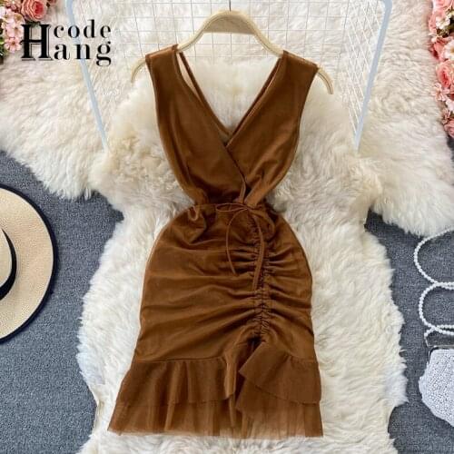 HangCode Fashion Women Solid Deep V-neck Backless Sleeveless Sexy Dresses Bottoms Drawstring Length Adjustable Ladies Club Dress