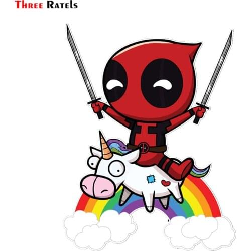Three Ratels FTC-777# 13X16.9CM Cute Deadpool On Rainbow Horse Window Wall Auto Motorcycle Car Sticker Decal PVC Waterproof