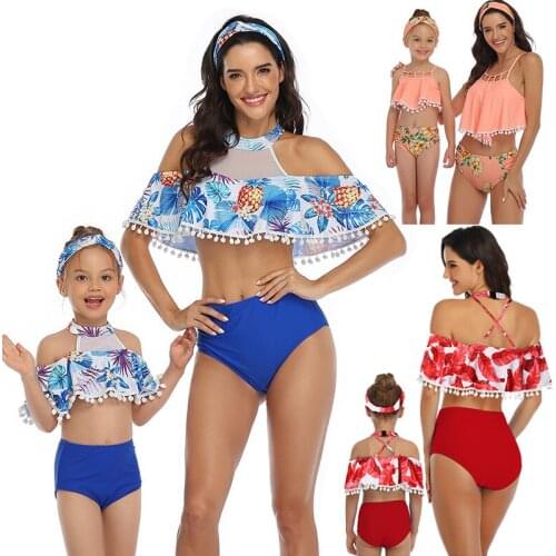 New 2021 Girl Bikini Set Women Ruffle Biquini Mother Daughter Swimwear Sexy One Shoulder Swimsuit Bather Beach Maillot De Bain