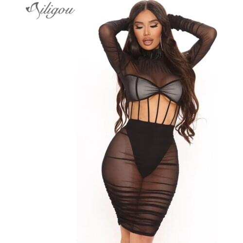 Ailigou 2021 New Summer WomenS Sexy See-Through Lace Mesh Tight-Fitting Club Party Midi Bandage Dress Pleated Black Vestidos