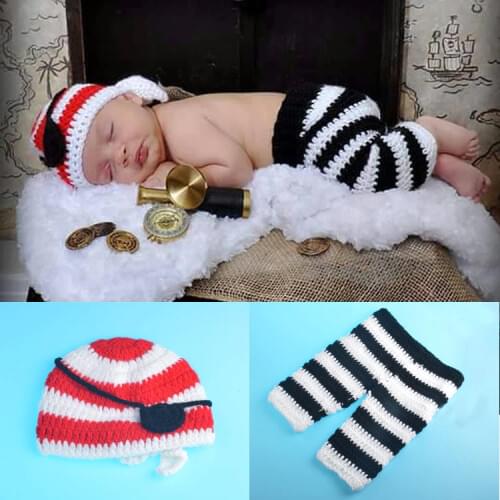 New Top Sale Pirate Design Newborn Photography Props Handmade Crochet Baby Hat with Pants Set Infant Costume Outfit