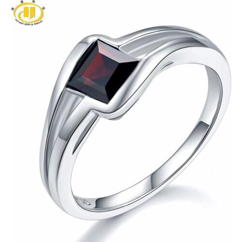 HUTANG Engagement Rings Natural Gemstone Black Garnet 925 Sterling Silver Ring Fine Fashion Stone Jewelry for Womens Gift New