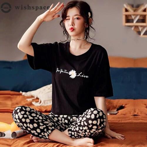 Pajamas Women Cotton Short Sleeve Summer Trousers Web Celebrity Little Daisy Two-piece Big Yards Outside Wear Loose Leisurewear