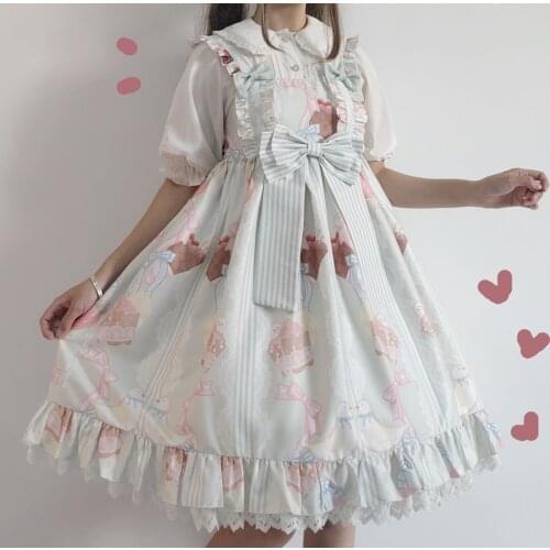 Sweet lolita strap dress vintage bowknot cute printing high waist princess victorian dress kawaii girl gothic lolita cos loli
