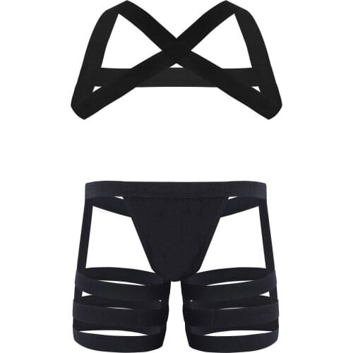 Men Sexy Outfits X-Shape Back Elastic Shoulder Chest Muscle Harness Belt with Bulge Pouch Garters Briefs Underwear Underpants