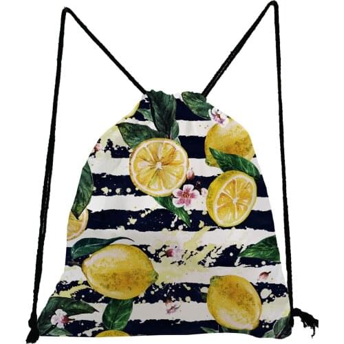 Striped Fruit Printed Drawstring Bags Lemon Refreshing Softback Bag Casual Unisex Backpack Bag High Capacity Shoe Bag for School