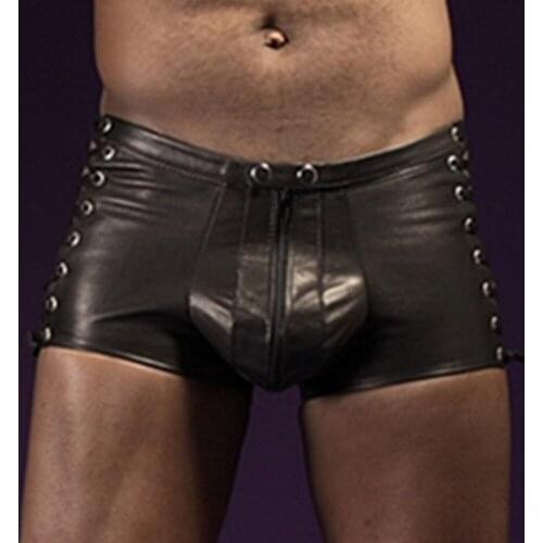 Sexy Tight Black PU Leather Shorts Men Lace-Up Bondage Jockstrap Lingerie Open Butt Fetish Gay Boxers Panties
