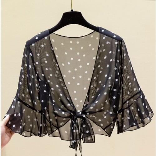 Chiffon Polka Dot Short Women Shirts Summer New 2021 Half Sleeved Slim Bandage Elegant Office Lady Outwear Tops