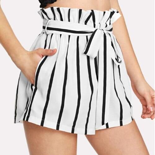 Casual Striped Pocket Pleated Lace Up Shorts Summer Ruffles High Waist Loose Shorts Women Clothing White Wide Leg Plus Size 5xl