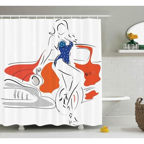 Modern Shower Curtain Woman Sketch in Polka Dots Swimwear with Vintage Car Sexy Summer Beach Artwork Waterproof Bath Curtains