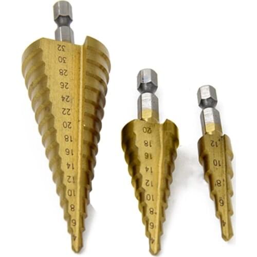 3pcs HSS Cone Step Drill Titanium Coated Step Drill Bit 4-12/20/32mm Hole Saw Woodworking Cutter Tool For Wood Plastic Steel