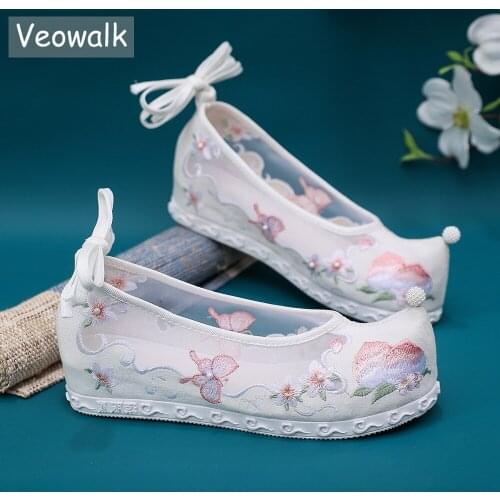 Veowalk Summer Women Ankle Strap Chinese Style Embroidered Gauze Mesh Platform Flats Ladies Comfortable Hanfu Shoes White Pink