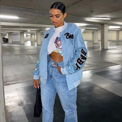 Light Blue Letter Print Baseball Coat for Women Fashion Long Sleeve Single-breasted Outwear Autumn Winter Sportswear Jackets