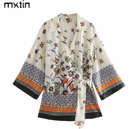 MXTIN 2021 Women Summer Fashion Floral Print Long Blouses Vintage Lapel Collar Short Sleeves Split Female Shirts Blusas Chic Top