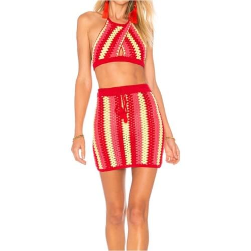 Women handmade crochet 100%cotton beachwear sets Front cross-over and back ties tops Short skirt beach suit