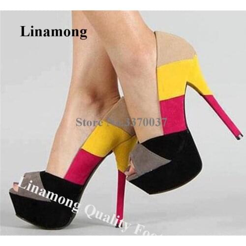 Linamong Fashion Gradient Pep Toe High Platform Stiletto Heel Pumps Suede Leather Pachtowk Mixed-colors High Heels Dress Shoes
